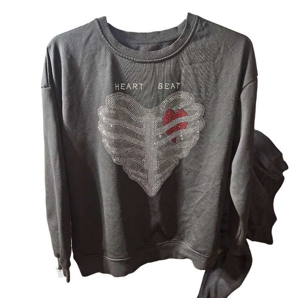 Rhinestone "Heart Beat" Design Black Sweatshirt Shein S